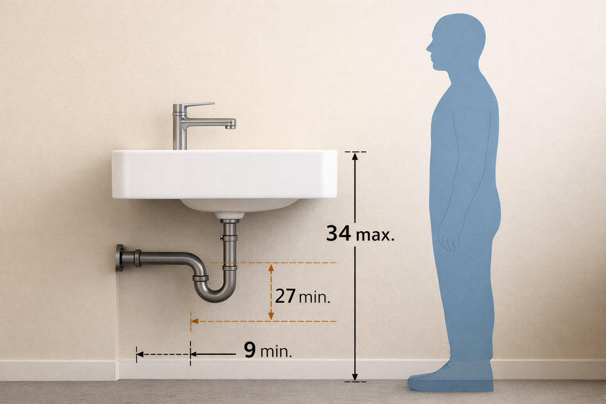 ADA bathroom sink knee clearance and toe clearance diagram showing required measurements for accessibility